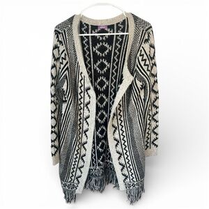 Women’s Cardigan Open Jacket Aztec Fringe Bottom Long Size Small | Olivia M.